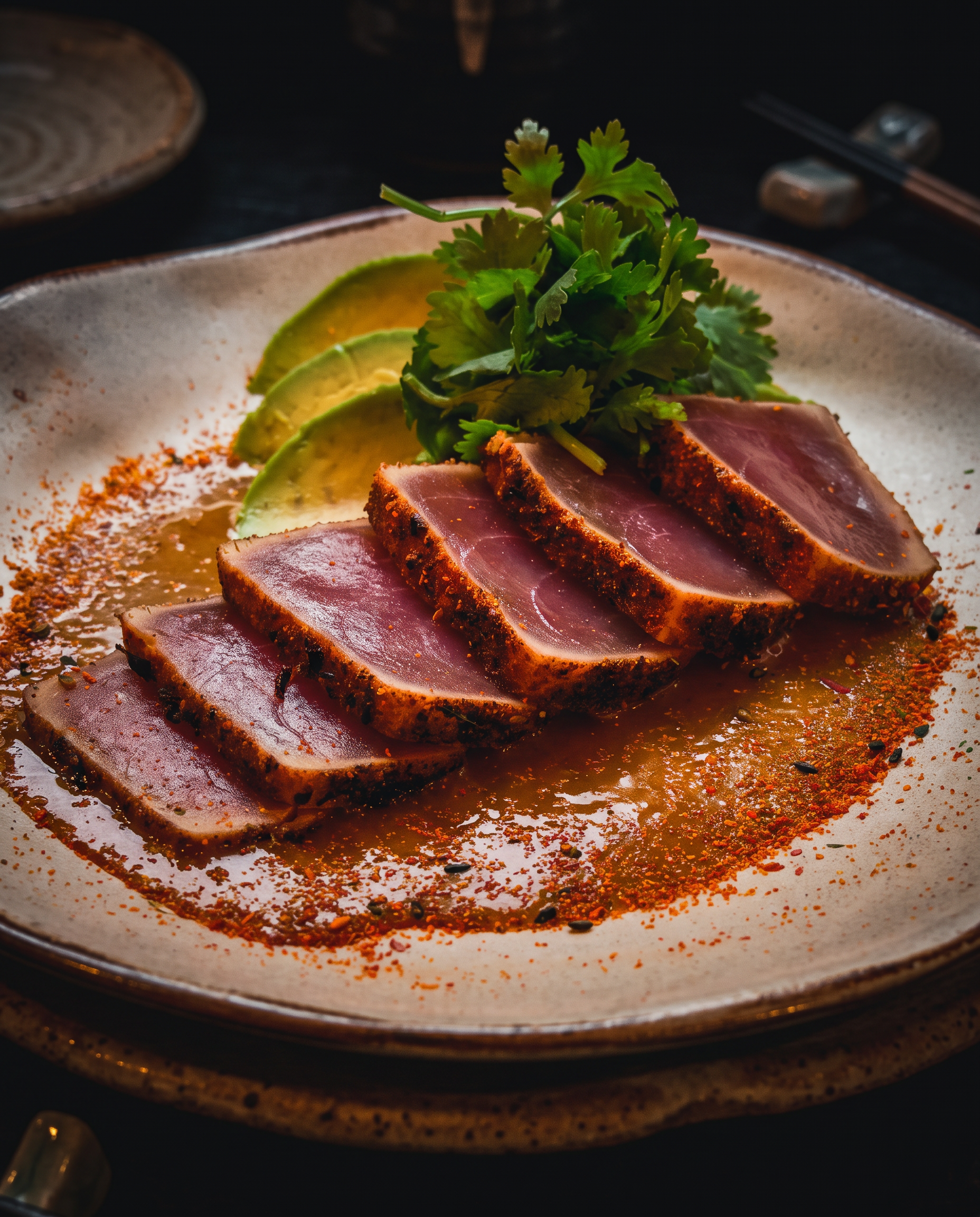 Sliced blackened tuna tataki with avocado and soy mustard sauce