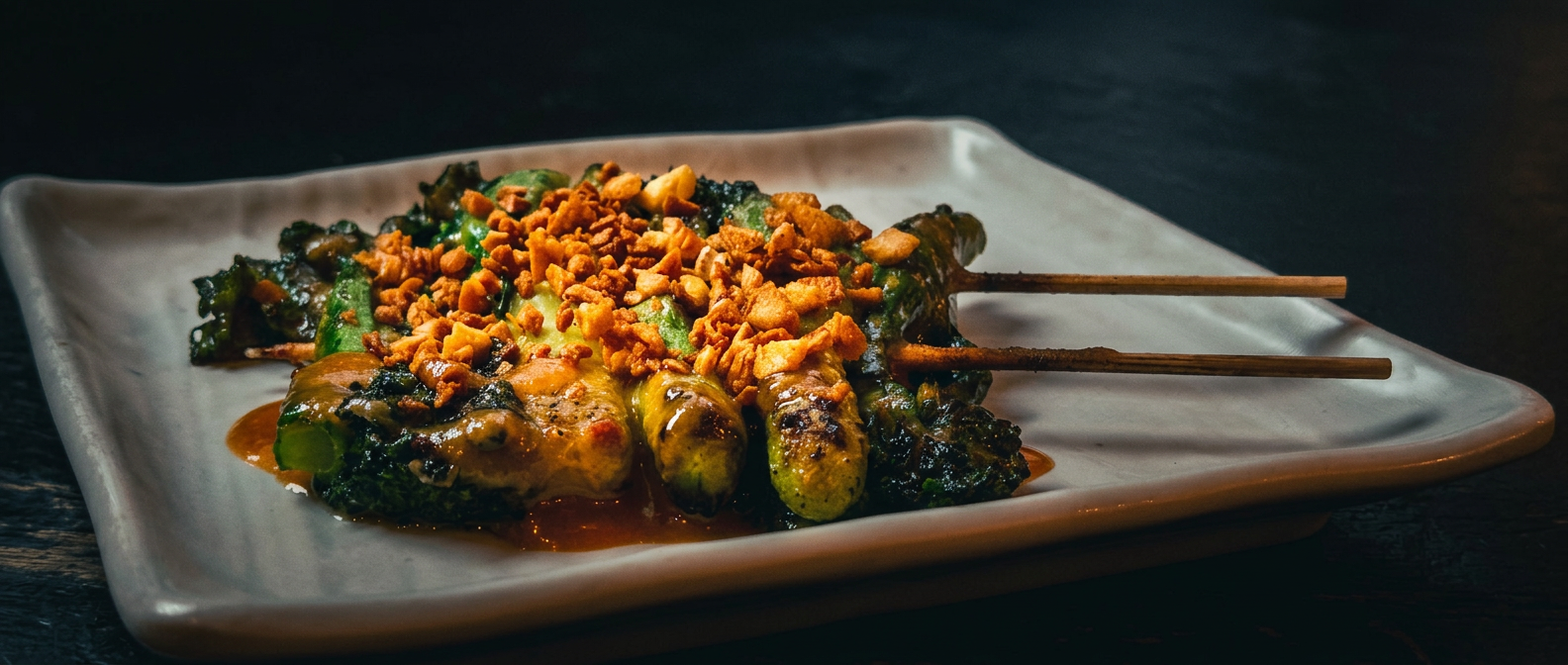 Grilled broccolini skewers with miso garlic sauce and crispy garlic